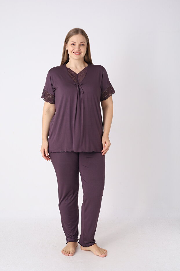 Women's Plus Size Viscose Lace Detailed Short Sleeve Comfortable Fit Pajama Set