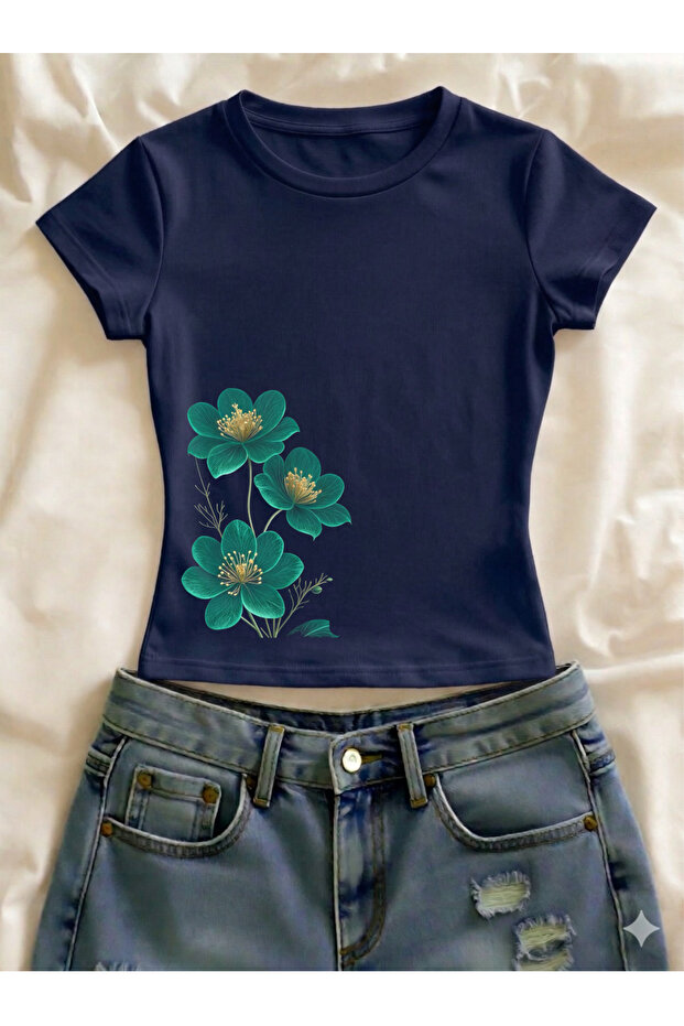 Floral Printed Lycra Slim Fit Short Sleeve Crew Neck Tee Crop