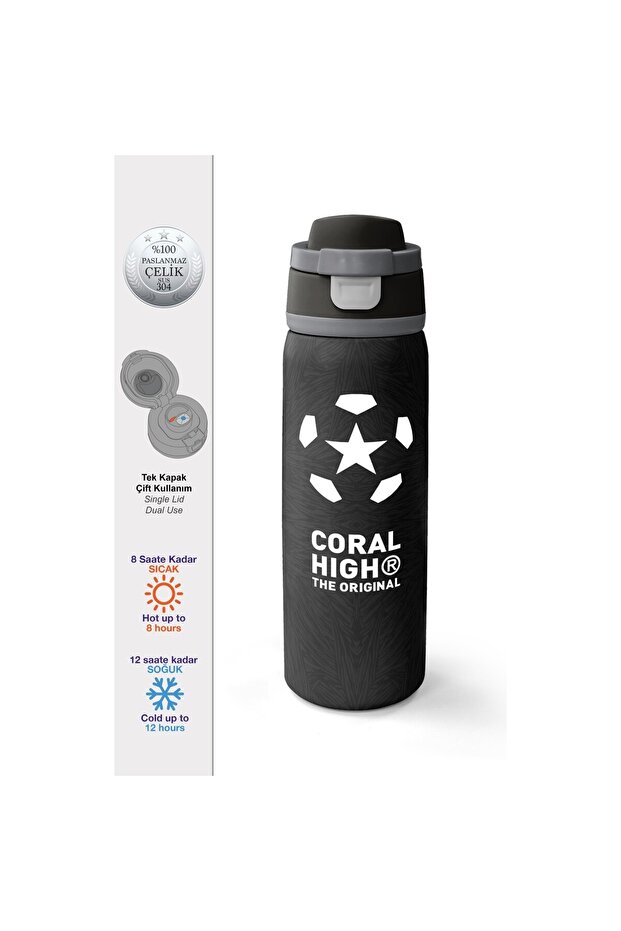 Black Football Patterned Steel Thermos with Straw and Direct Drinking Feature 800 ml 38558