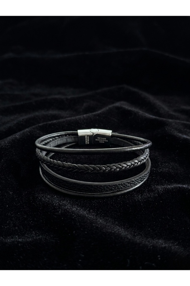 Men's Black Multi-Stripe Leather & Steel Clip Combination Bracelet