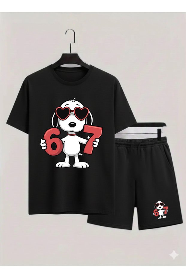 Snoopy Printed 100% Cotton Crewneck Children's T-Shirt-Shorts Two-Piece Set