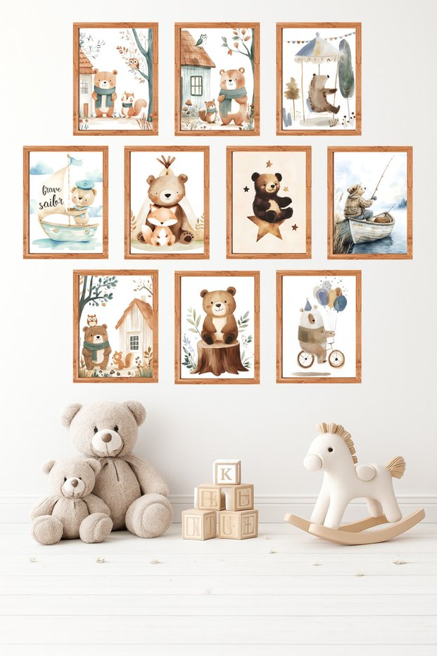 10-Piece Frame-Looking Teddy Bear Set | Cute | Nordic | Nursery Painting Set 15X20 cm Mdf Uv Printing