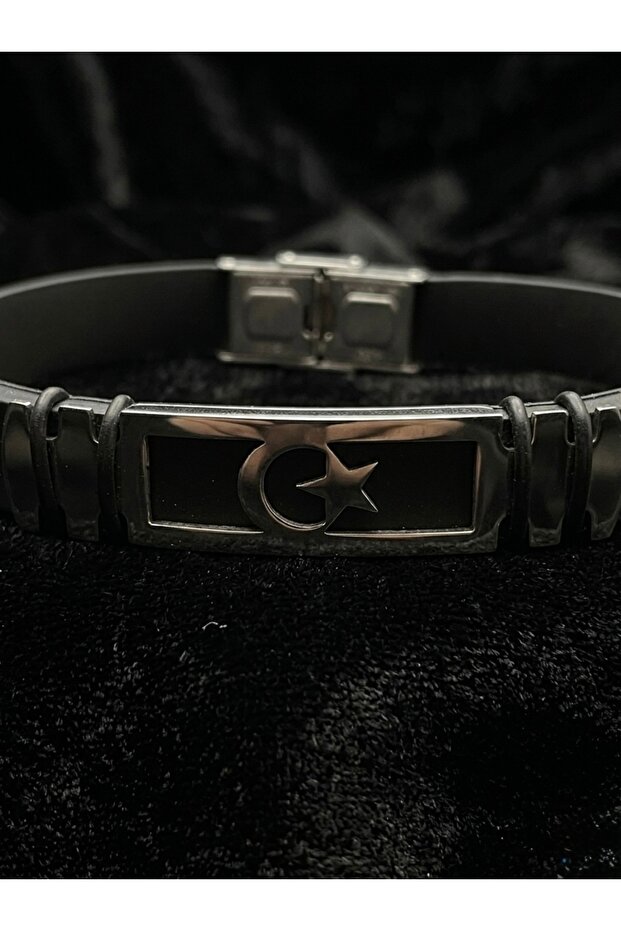 Men's Black Silicone Steel Bracelet with Moon and Star Figures
