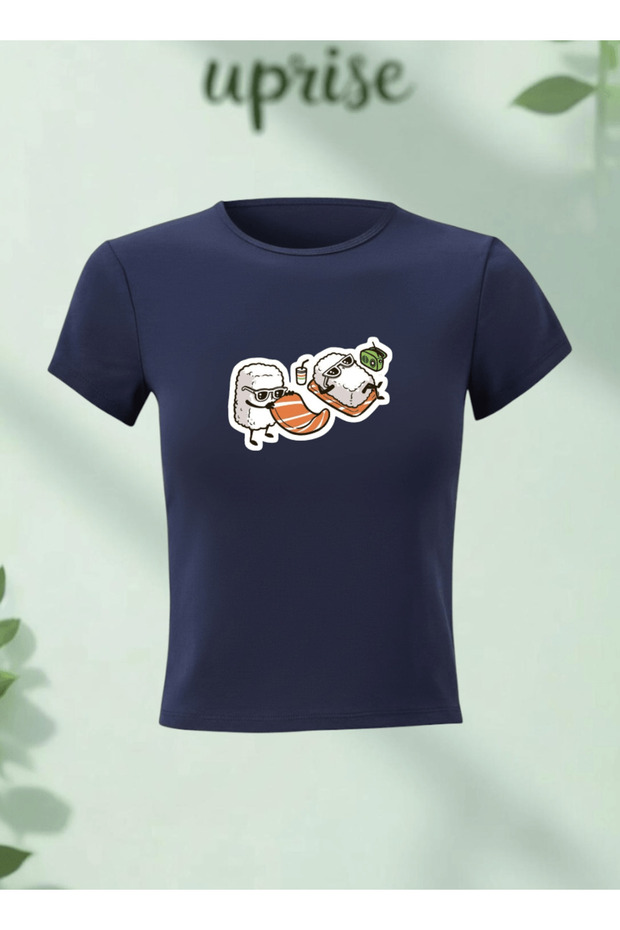 Sushi Roll Printed Cotton Lycra Body Tee Crop T-Shirt
