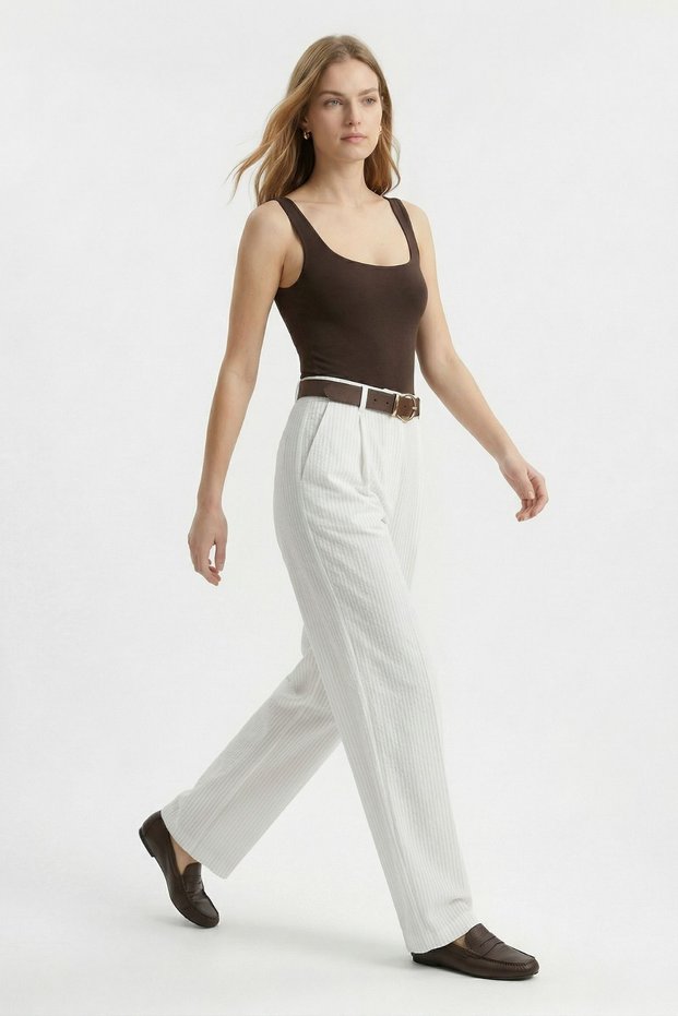 White High Waist Belted Striped Trousers 3779