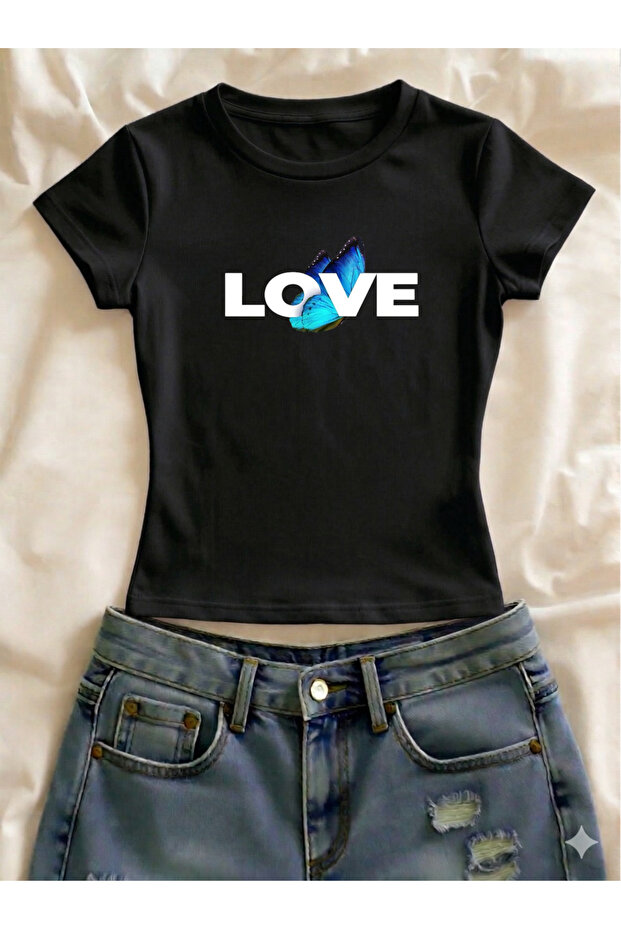 Love Printed Lycra Slim Fit Short Sleeve Crew Neck Tee Crop