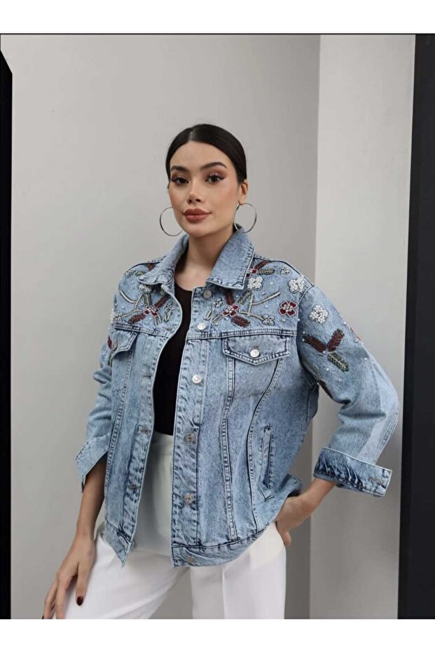 Levure Women's Handcrafted Stone Embroidered Comfortable Cut Denim Jacket