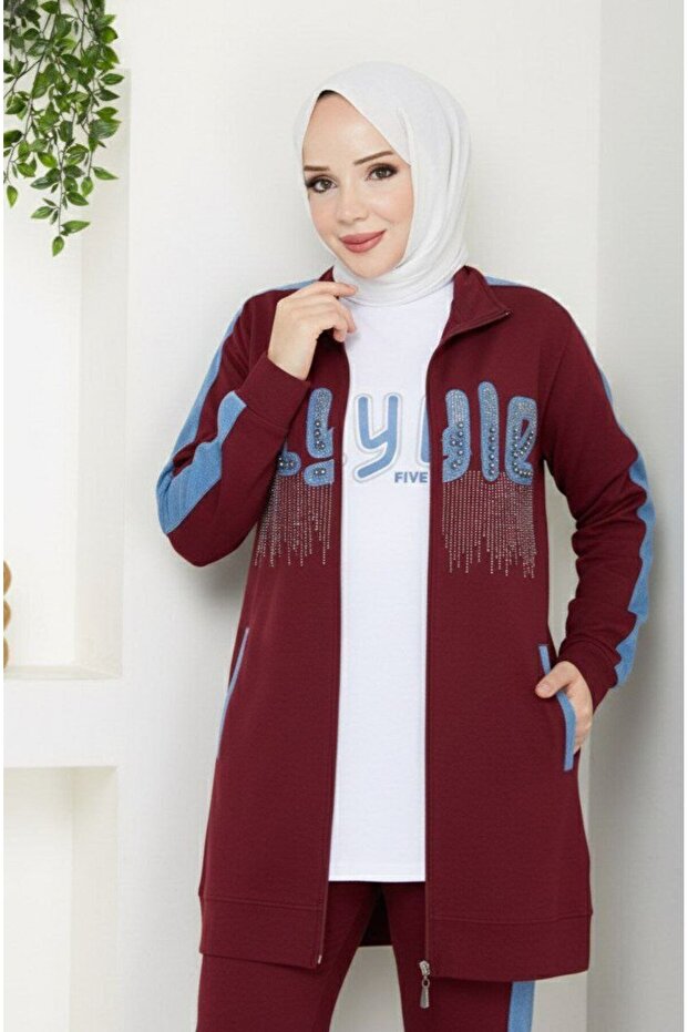Women's 3 Piece Tracksuit Set Two Thread Cotton Denim Detailed Shiny N-05442 _ Burgundy