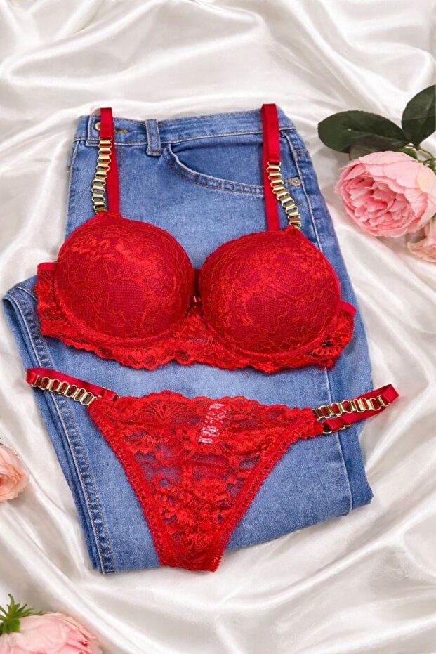 Women's Red Chain-Detachted Lace Padded Supported Push up Bra Set