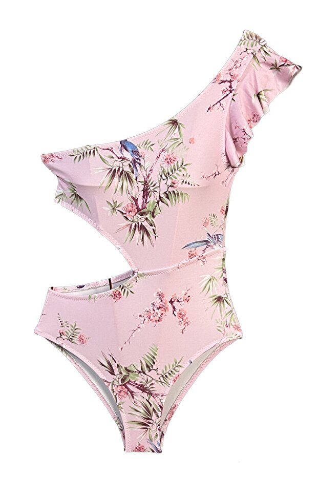 Artistic Sakura Pattern Asymmetrical Cut-Out Girls' Swimsuit