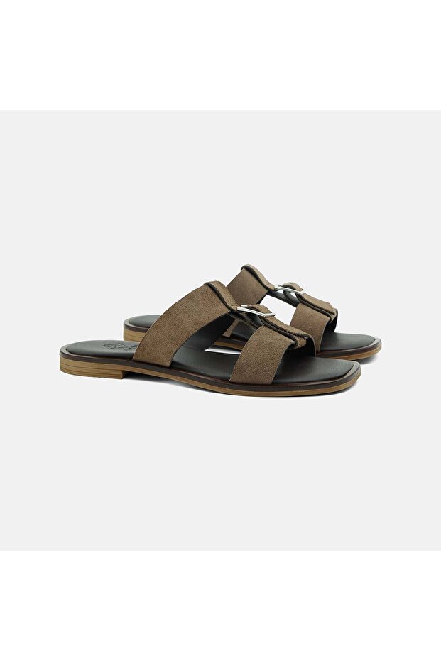 Women's Brown Suede Slippers with Metal Buckle Accessories