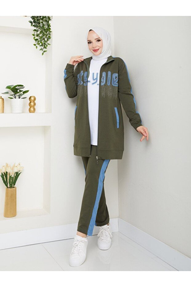 Women's 3 Piece Tracksuit Set Two Thread Cotton Denim Detailed Shiny N-05442 _ Khaki