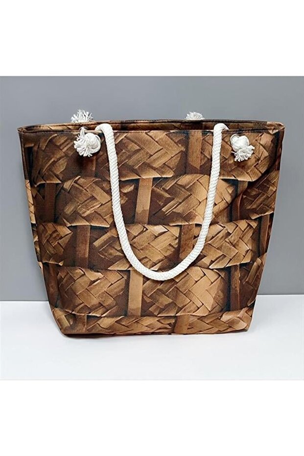 Wooden Knitted Patterned Beach Bag - Yellow