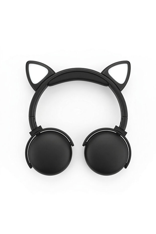 سماعة رأس لاسلكية مضيئة بتصميم أذن القطة - لون أسود (Bluetooth 5.0)