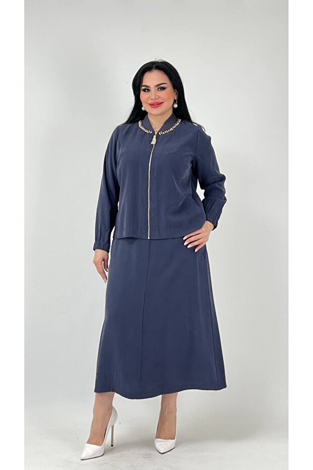 Women's Plus Size Modal Blend Stylish Blouse Skirt Set Navy Blue