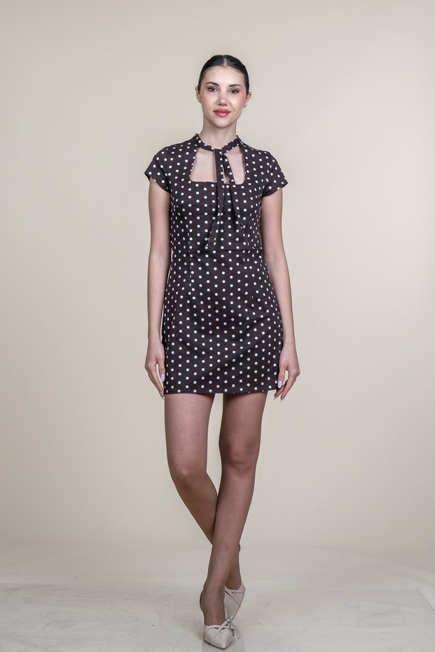 Women's Summer Coffee Polka Dot Patterned Square Neck Mini Dress Stylish Casual Comfortable 50384