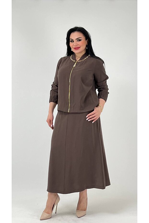 Women's Plus Size Modal Blend Stylish Blouse Skirt Set Brown