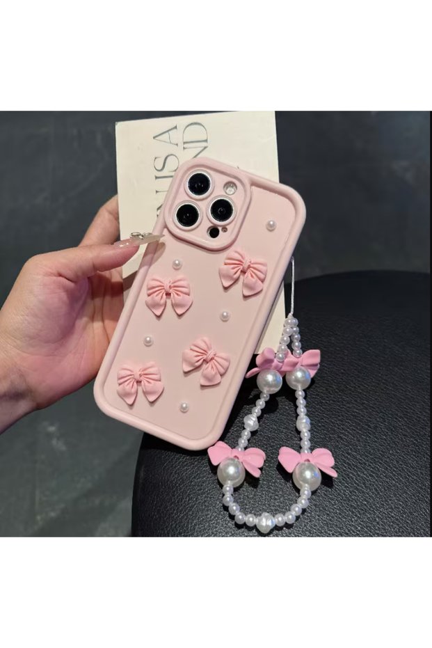 Pink iPhone Phone Case Protector with Pearl Ribbon and Ornate Charms 13 Pro 14-15-16 Pro Max