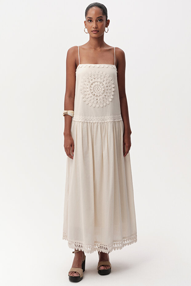 Regular Midi Dress with Rope Straps and Lace Detail