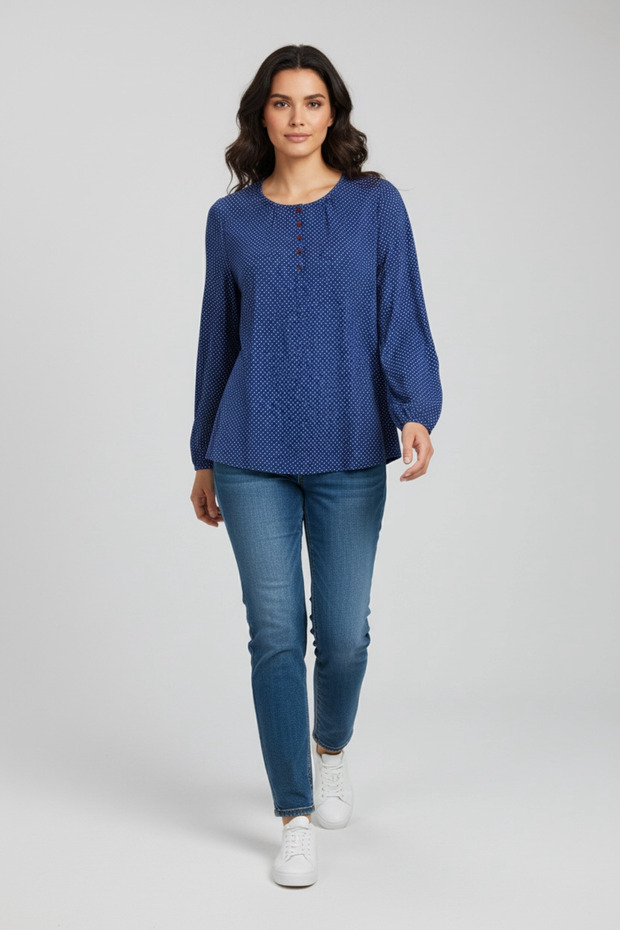 Women's Polka Dot Circular Necklace with Elastic Sleeves and Closed Button Detail, Combed Cotton Blouse