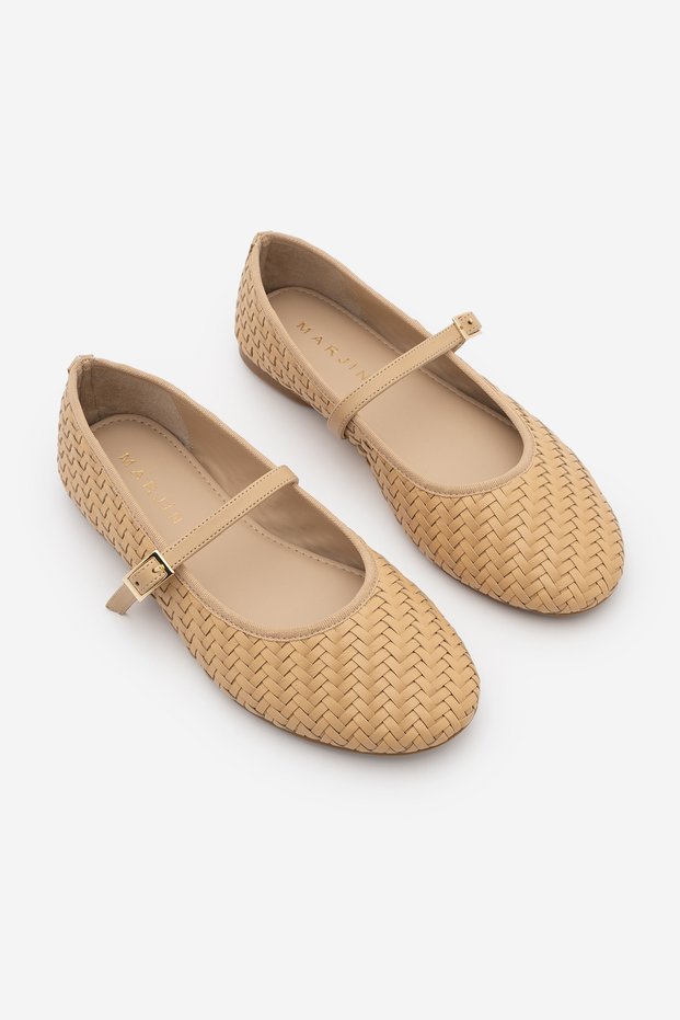 Women's Round Toe Strappy Knitted Pattern Mary Jane Casual Ballerinas Avinel Camel