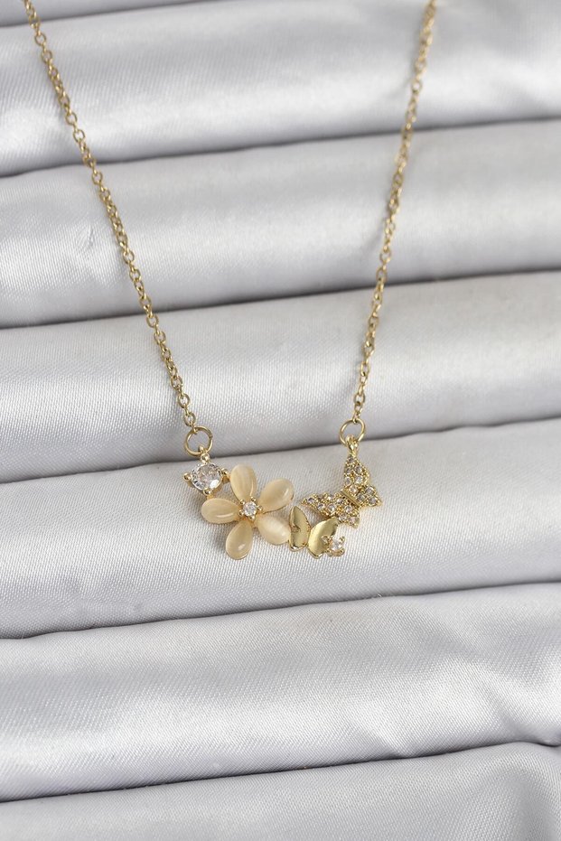 Gold Color Flower and Butterfly Shaped Women's Necklace (316L Steel)