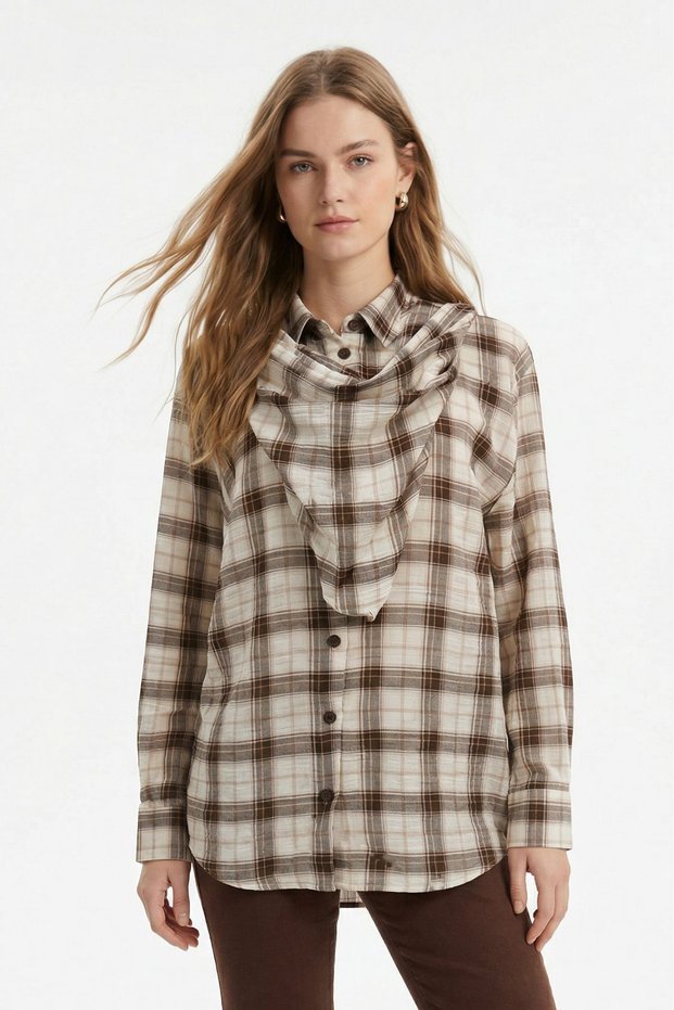 Brown Triangle Scarf Oversized Plaid Shirt 5484