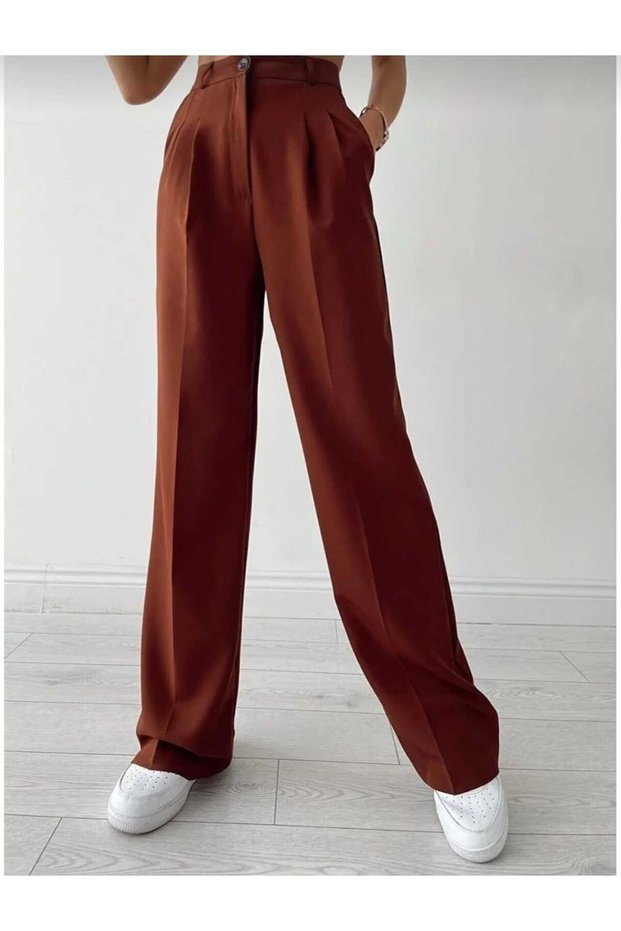 Coffee Pleated Women's Loose Fabric 90's Super High Waist Palazzo Trousers