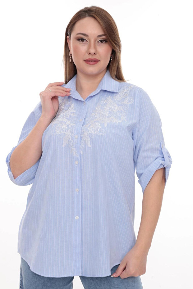 Plus Size 100% Cotton Embroidered Detailed Striped Shirt Stylish and Comfortable