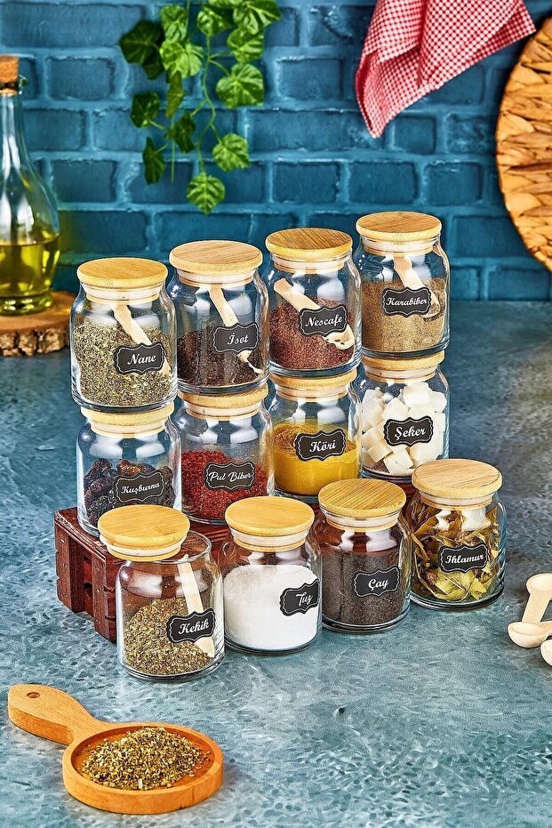 Labeled Wooden Lid 300 ml 12 Jars and 12 Mini Spice Spoons - 24 Piece Spice Set