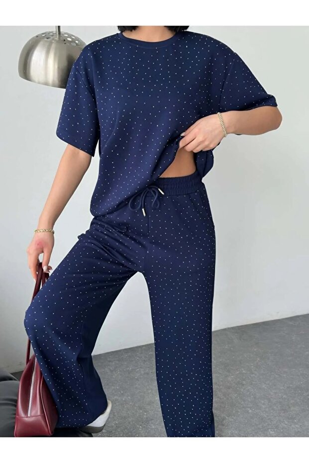 Women's Blue Color Shiny Stone Print Detailed Top and Bottom Stylish Set