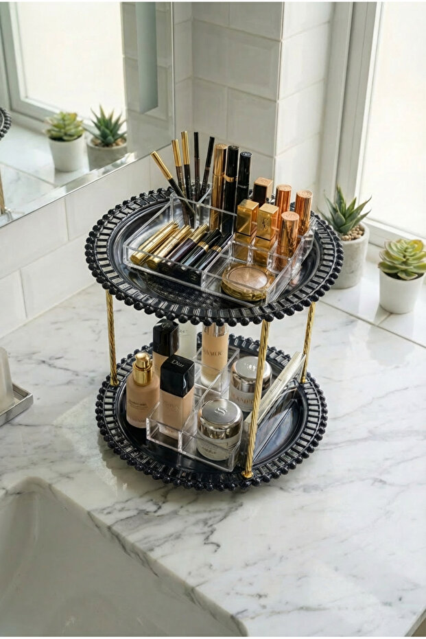Foviva Black Cosmetic Jewelry Organizer Multi-Purpose Round Organizer 2-Tier Makeup Organizer