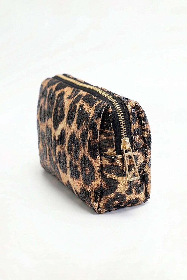 Leopard Patterned Sequin Makeup Bag - 2