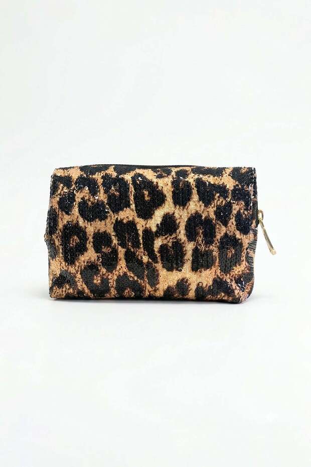 Leopard Patterned Sequin Makeup Bag - 1