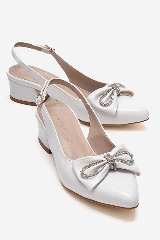 Stoned Bow Tie Open Women's Heeled Shoes White Crinkled