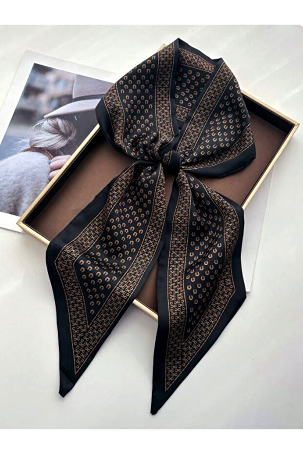 Black Bronze Patterned Satin Scarf Women's Shawl – Stylish and Elegant Design