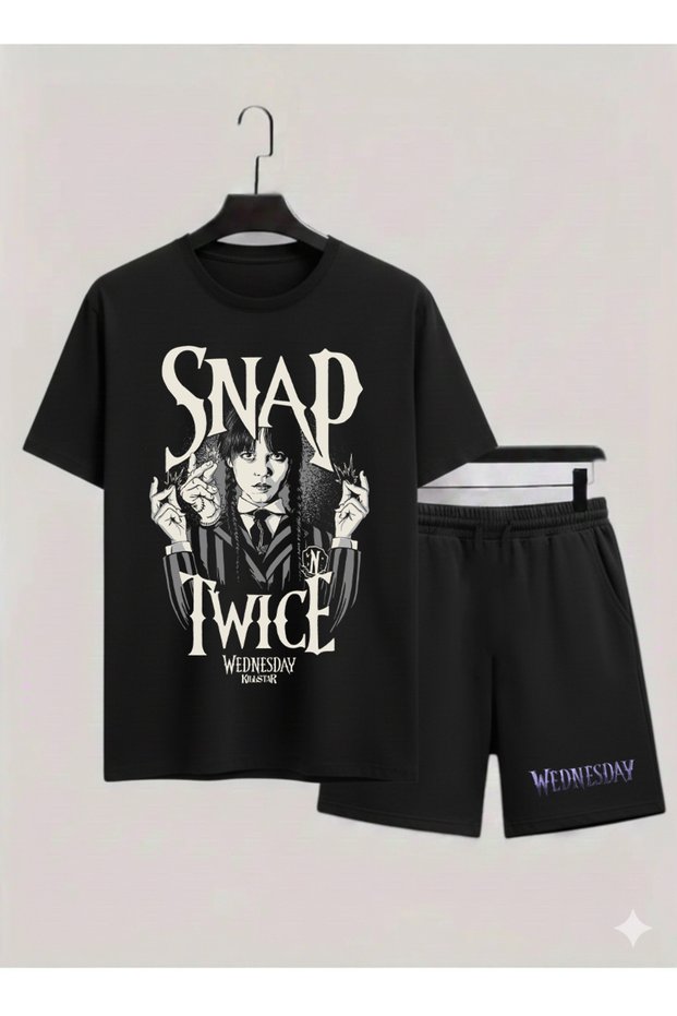 Wednesday Addams Printed 100% Cotton Crewneck Children's T-Shirt-Shorts Two-Piece Set