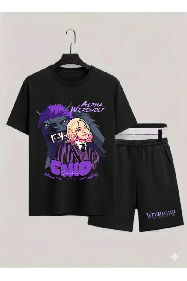 Wednesday Addams Printed 100% Cotton Crewneck Children's T-Shirt-Shorts Two-Piece Set