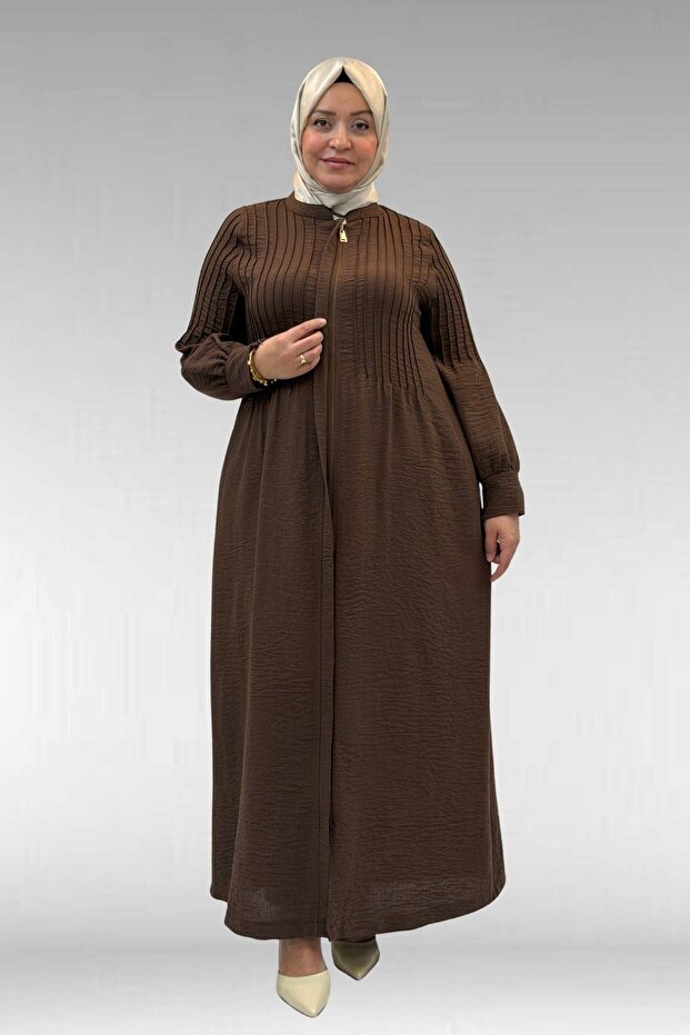 66004 Large Size Pleated Detailed Linen Robe - Brown