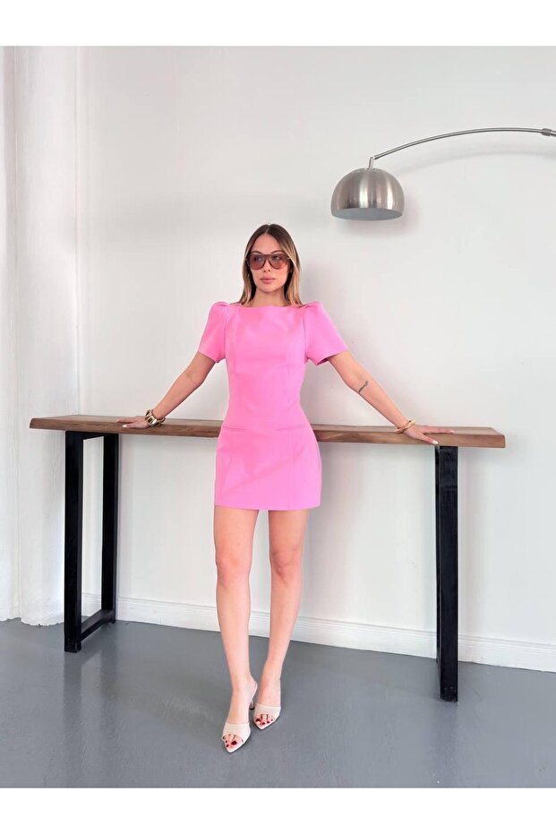 Pleated Shoulder Balloon Sleeve Mini Dress