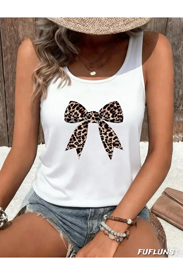 Leopard Ribbon Printed Women's Round Neck T-Shirt