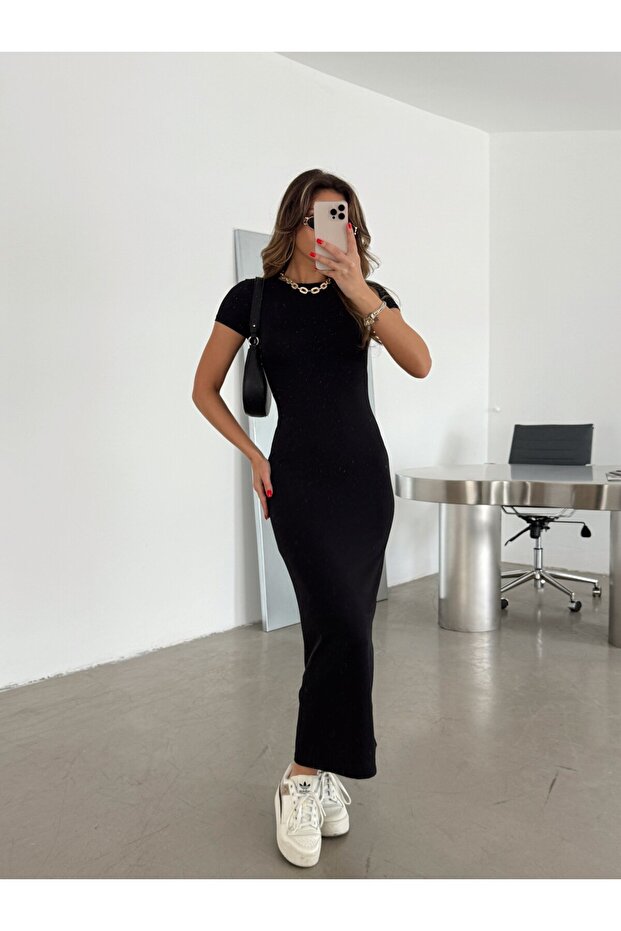Kısa Kollu Basic Elbise - Siyah - 4