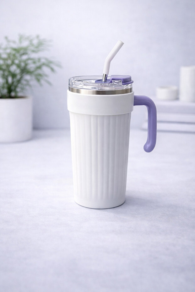1000 ml Steel Thermos Mug with Handle and Straw, Vacuum Heat Insulated, Large Size, Leak-Proof Cup