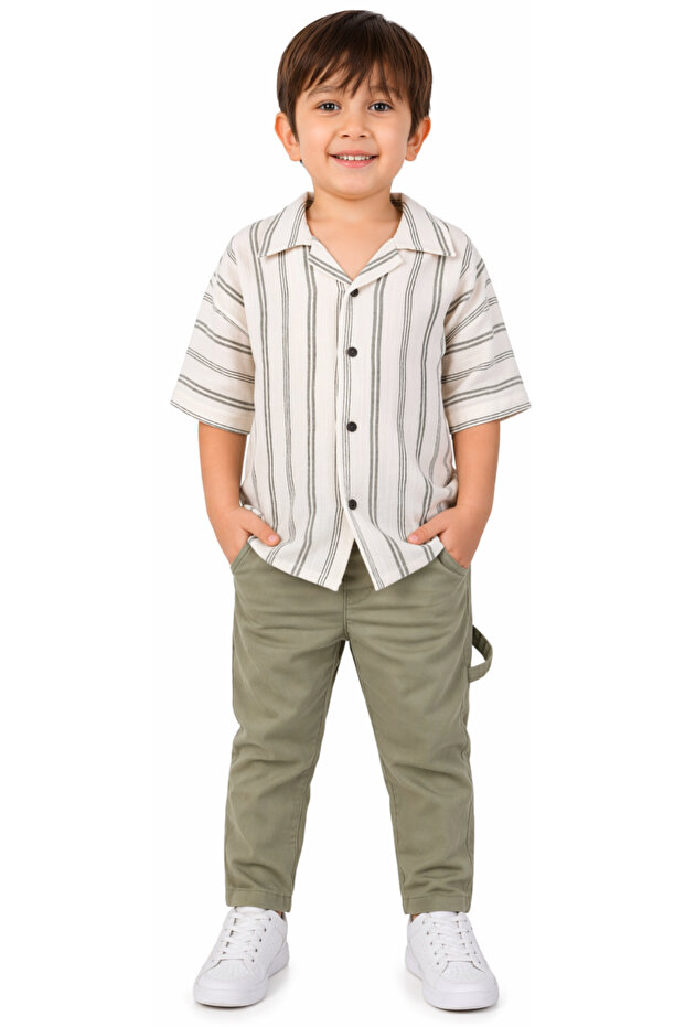 Boys' Striped Patterned Button-Closure Shirt and Khaki Color Trousers Two-Piece Set