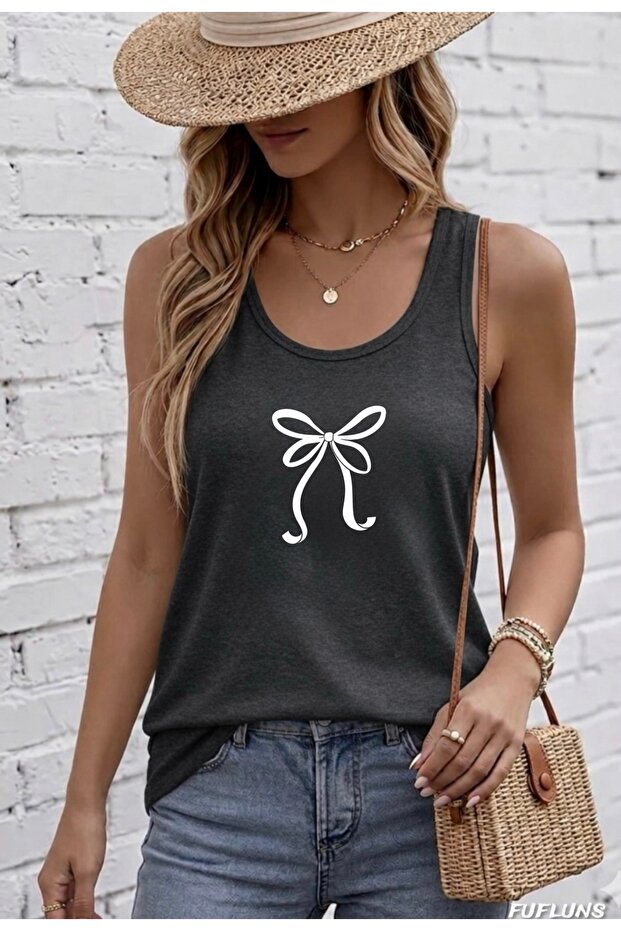 Ribbon Printed Women's Round Neck Tank Top