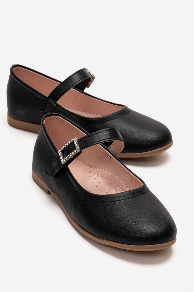 Children's Ballerina Shoes with Beret and Stone Buckle Black Leather