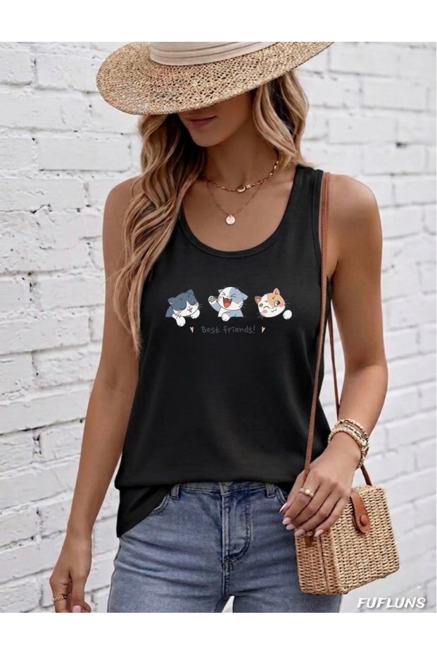 Best Fri̇ends Cats Printed Women's Round Neck T-Shirt