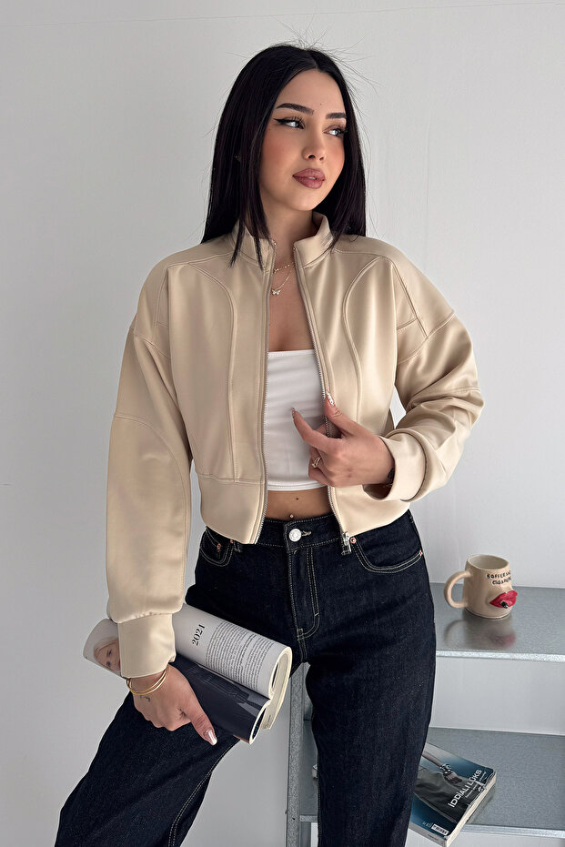 Women's Crop Scuba Fabric Jacket – Zippered Stand Collar Short Jacket