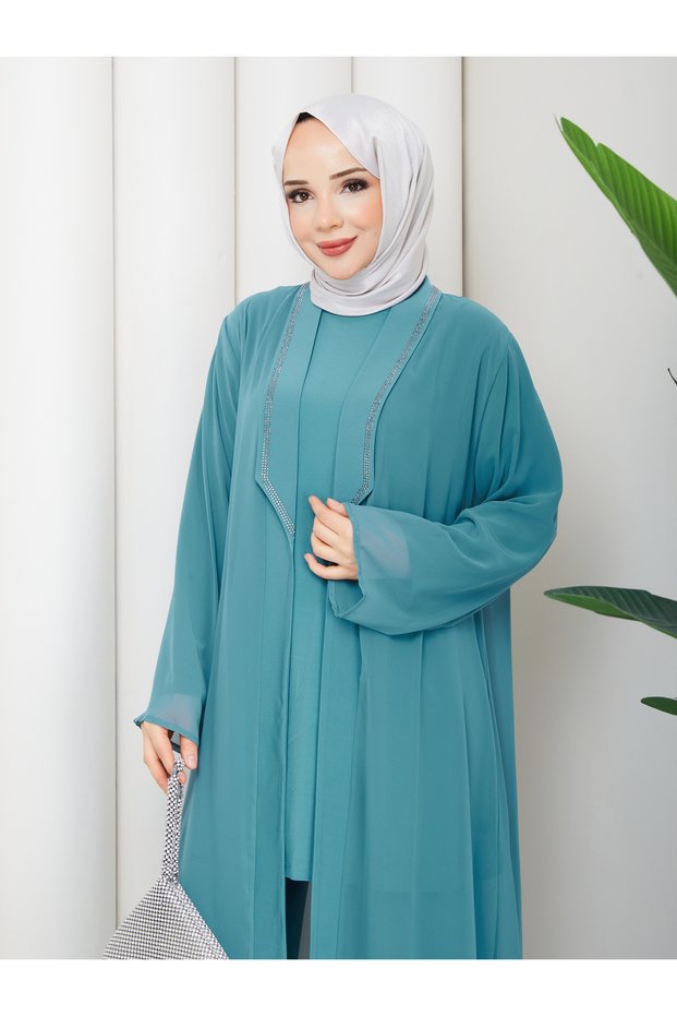 Plus Size Collar Stone-Embellished Three-Piece Set