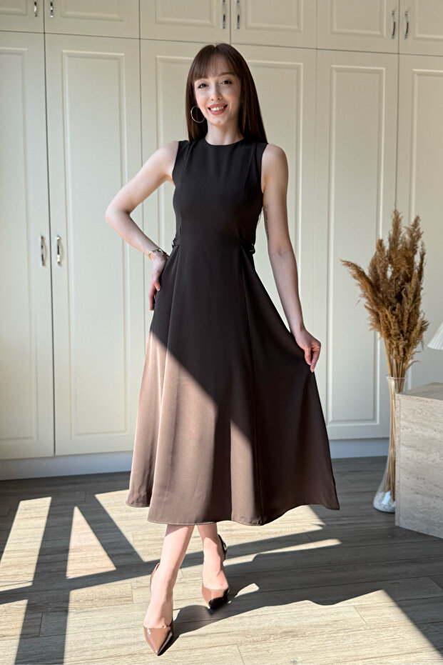 Midi Brown Dress with Belt Detail on the Sides
